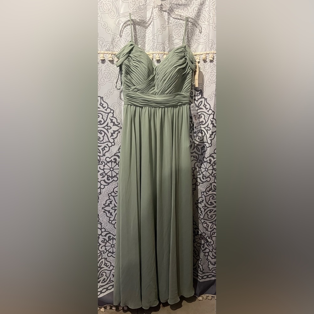 Off the shoulder sage green gown